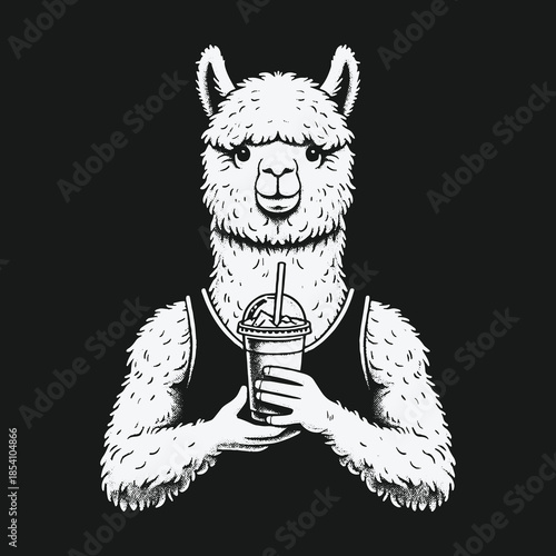 Cool muscular llama in a tank top holding a smoothie drink.