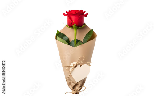 Single Red Rose Wrapped in Paper with Heart Tag, Romantic Valentine’s Day Gift, Transparent Background PNG