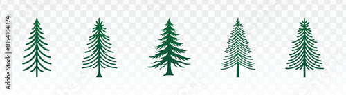 Set of five minimalist green pine tree icons in clean geometric and line-art styles, designed as simple silhouettes for nature logos, outdoor adventure branding, winter themes, and holiday decoration 