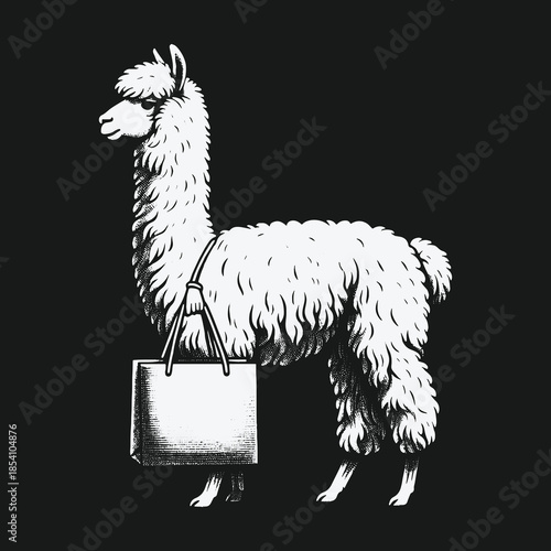 A fashionable llama in a black and white illustration carrying a tote bag.