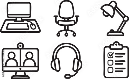 Black line of office equipment and remote work tools computer monitor mouse keyboard desk