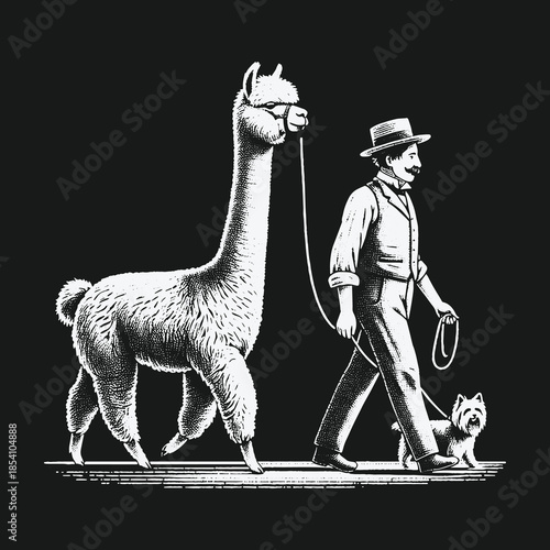 Vintage Black and White Illustration of a Man Walking a Llama and a Dog.