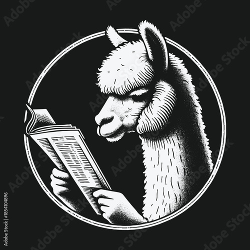 Black and white circular emblem of a scholarly llama reading a book.