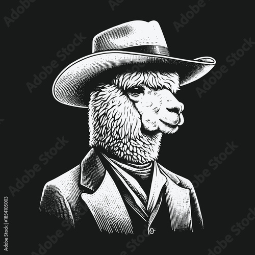 Dapper Alpaca Portrait in a Classic Cowboy Hat and Suit Jacket.