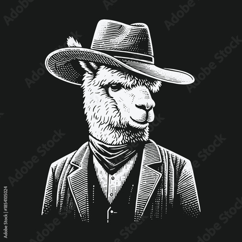 Engraved style portrait of an alpaca dressed as a western cowboy.