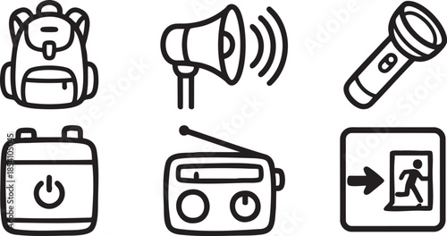 Black outline of backpack megaphone flashlight power button radio and exit sign sound speaker broadcast