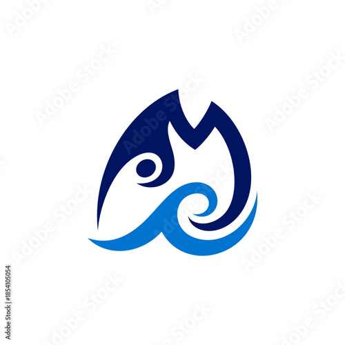 A logo design depicting a tuna or salmon head emerging from the waves. A vector icon for fishing.