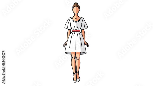 A young woman in a white dress standing against a plain background viewed from the front