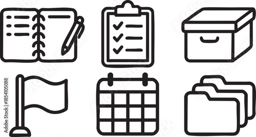 Black outline of a notebook pen clipboard calendar flag and folders on white