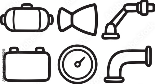 Black outline of industrial equipment and gauges on white background pipe plumbing meter tank