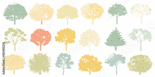 A colorful assortment of stylized tree silhouettes in varying shapes and hues