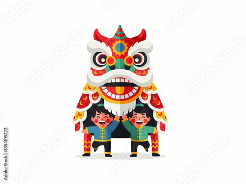 Cute Chinese Lion Dance Illustration with Children for Family Friendly Lunar New Year Design