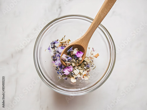 Dried Herbs and Flowers in a Glass Bowl