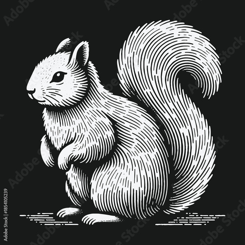 Vintage engraving style squirrel illustration on a solid black background.