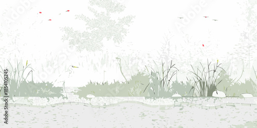 Minimalist landscape with sparse vegetation light colors and faint bird silhouettes