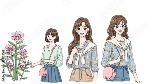 Three young women with long brown hair standing together holding flowers and purses in a simple illustration style