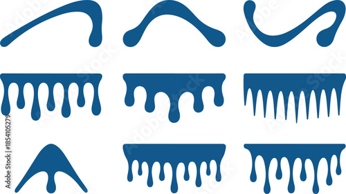 Set of Abstract Blue Liquid Drip and Wave Silhouette Elements for Water or Paint Splatter Design Isolated on White