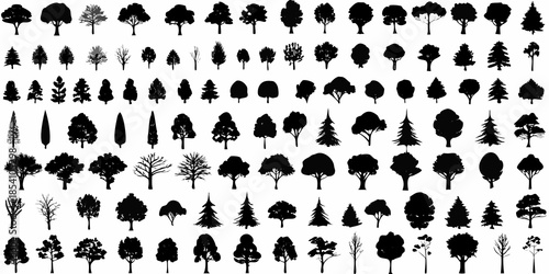A diverse collection of black silhouette trees in various shapes and sizes