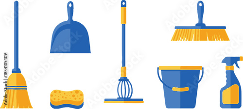 Flat style illustration set of 5 cleaning tools broom dustpan mop bucket sponge and spray bottle