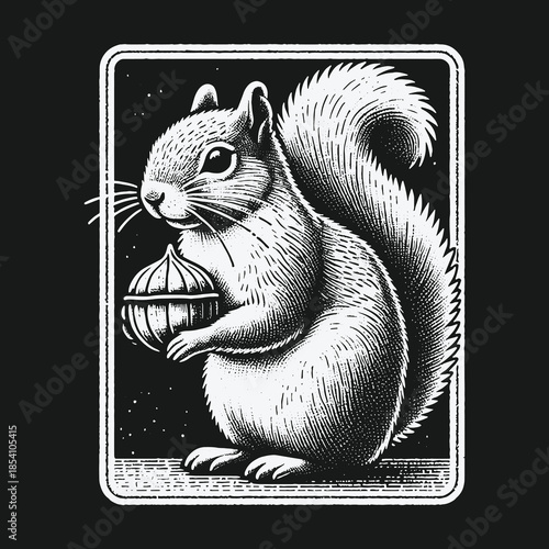 Vintage black and white squirrel illustration holding an acorn.