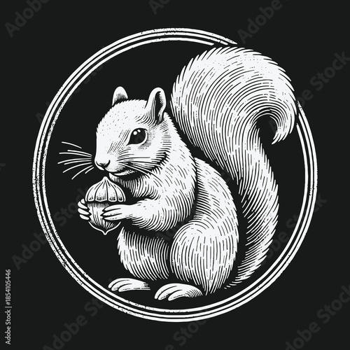 Vintage engraved squirrel holding an acorn in a circular frame.