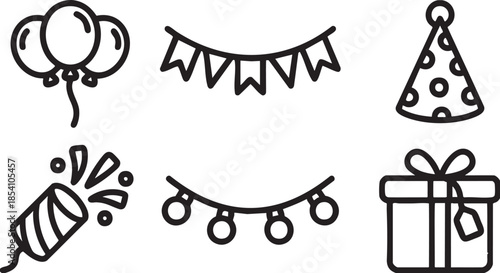 Black outline party balloons bunting party hat popper string lights gift box