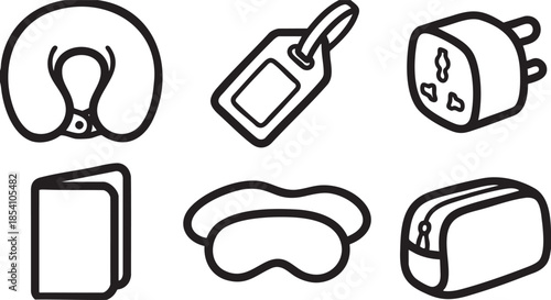 Black outline of travel accessories including neck pillow luggage tag adapter mask and toiletry bag