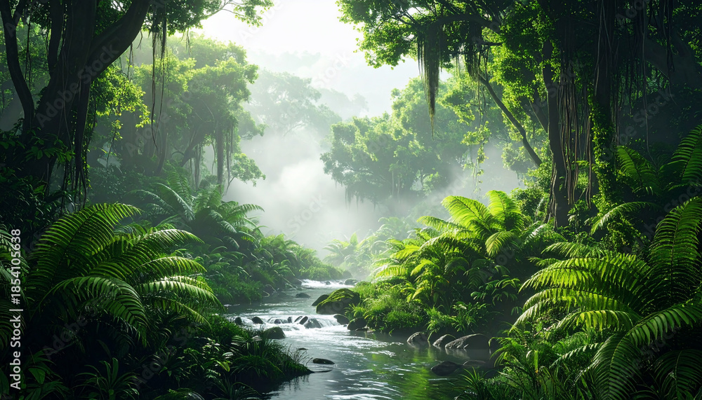 Obraz premium Lush Rainforest River Scene