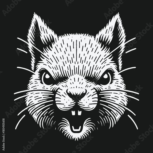 Aggressive squirrel head vector illustration in a vintage woodcut style.