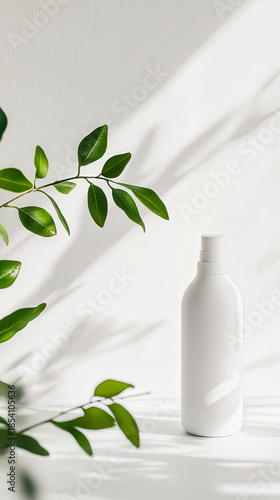 Minimalist White Bottle Surrounded by Green Leaves