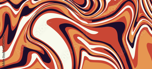 An abstract liquid marble texture. The design features a swirling pattern of intermingling colors, primarily shades of orange, brown, beige, and a very dark, almost black, purple.. Eps 10 vector
