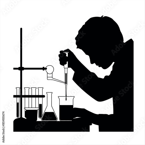 Scientist conducting a laboratory experiment with various equipment Vector