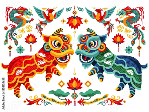 Colorful Yin Yang Chinese Lion Dance Illustration Symbolizing Harmony for Lunar New Year Design