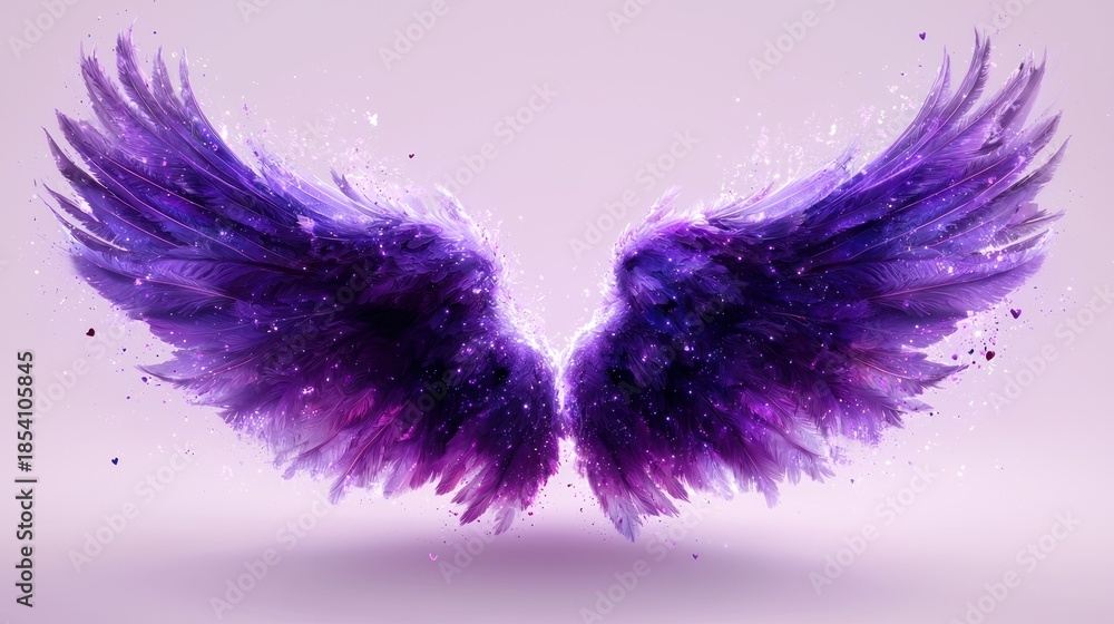Fototapeta premium Majestic Purple Angel Wings: Fantasy, Glitter, and Graceful Feather Detail.