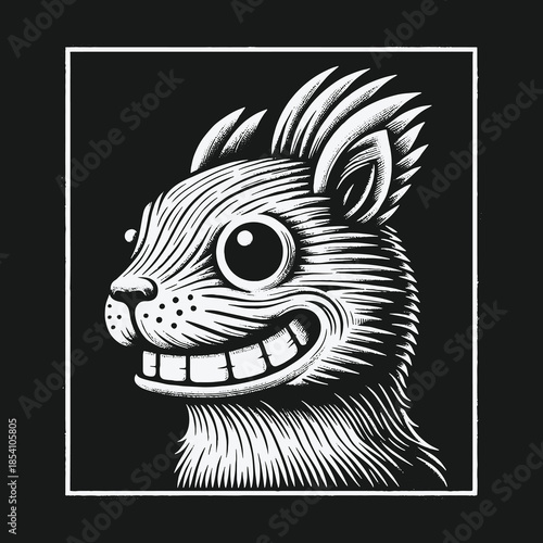 Quirky graphic illustration of a smiling crazy squirrel head.