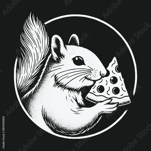 A humorous black and white illustration of a squirrel eating pizza.