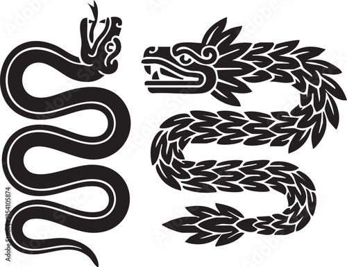 Black serpent and feathered dragon silhouettes on white background snake mythical