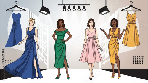Women trying on colorful dresses in a fashion studio with spotlights