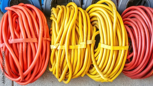 Vibrant red and yellow coiled cables close up