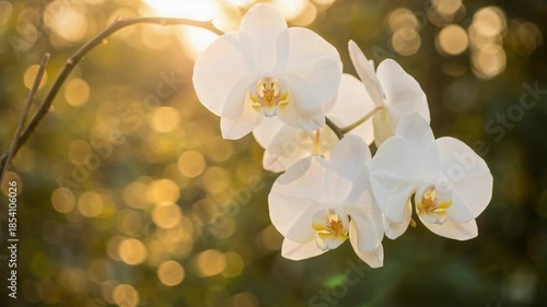 Delicate White Orchid Flowers Bloom in Golden Sunset Sunlight with Soft Bokeh Background Nature Scene