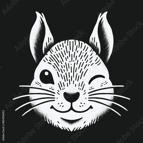 Cute winking squirrel head black and white illustration.