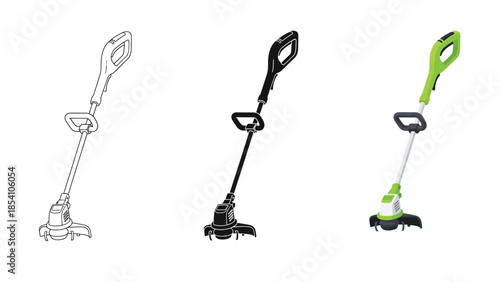 Electric Grass Trimmer Vector Set for Lawn Care and Gardening Tools in Line, Silhouette and Color Style