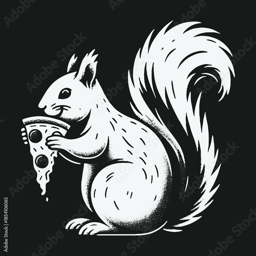 A charming black and white graphic illustration of a squirrel eating pizza.