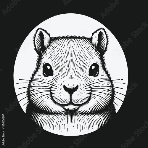 Black and white vector illustration of a cute squirrel head in a circle.
