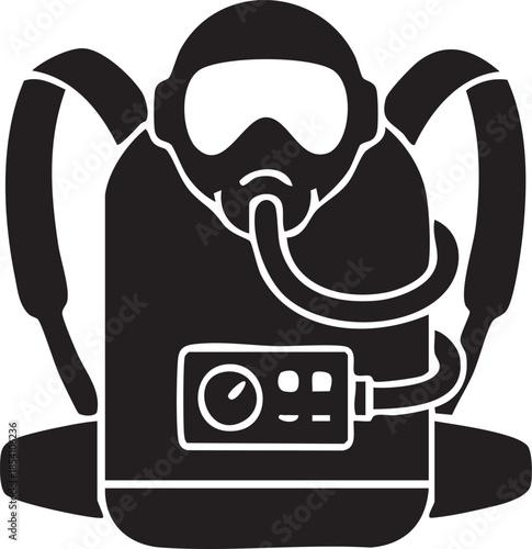 Black silhouette of a breathing apparatus with mask and backpack respirator equipment