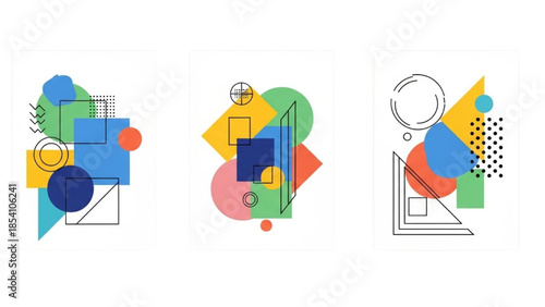 A vibrant abstract composition featuring geometric shapes and colorful patterns from a straightforward viewpoint