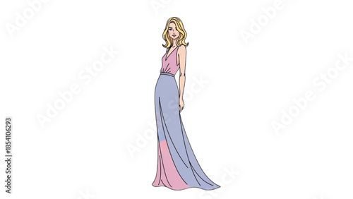 A young woman wearing a long flowing pink and blue dress stands alone against a white background