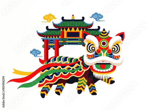 Chinese Lion Dance Illustration with Traditional Temple Architecture for Lunar New Year Artwork