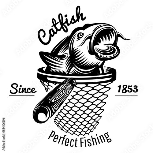 Cat Fish in Landing Net Monochrome Vector Illustration