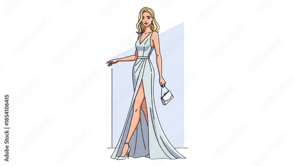 Fototapeta premium A blonde woman in a long, elegant white dress holding a clutch bag stands confidently with one leg visible through a high slit.